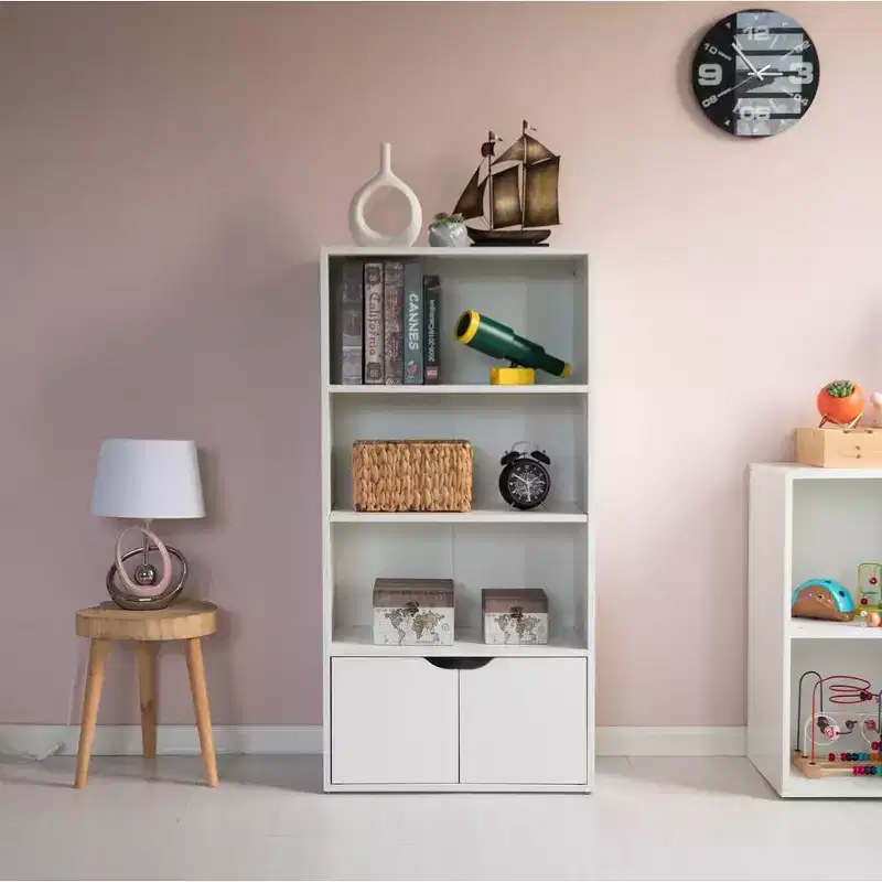 Basicwise 47 3 Tier Open Book Shelf & Bookcases with 2 Doors Storage Cabinet and 1 Adjustable Shelf - Ideal for Home Office, Living Room, Classroom