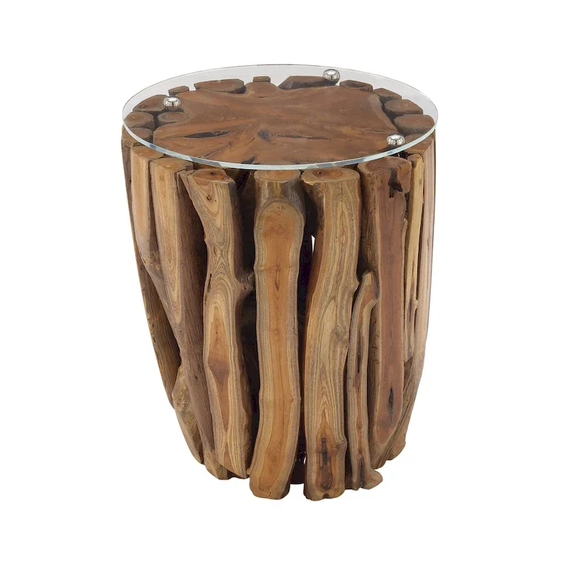 Teak Wood Handmade Accent Table with Clear Glass Top - Brown -  - 16Wx16Lx18H