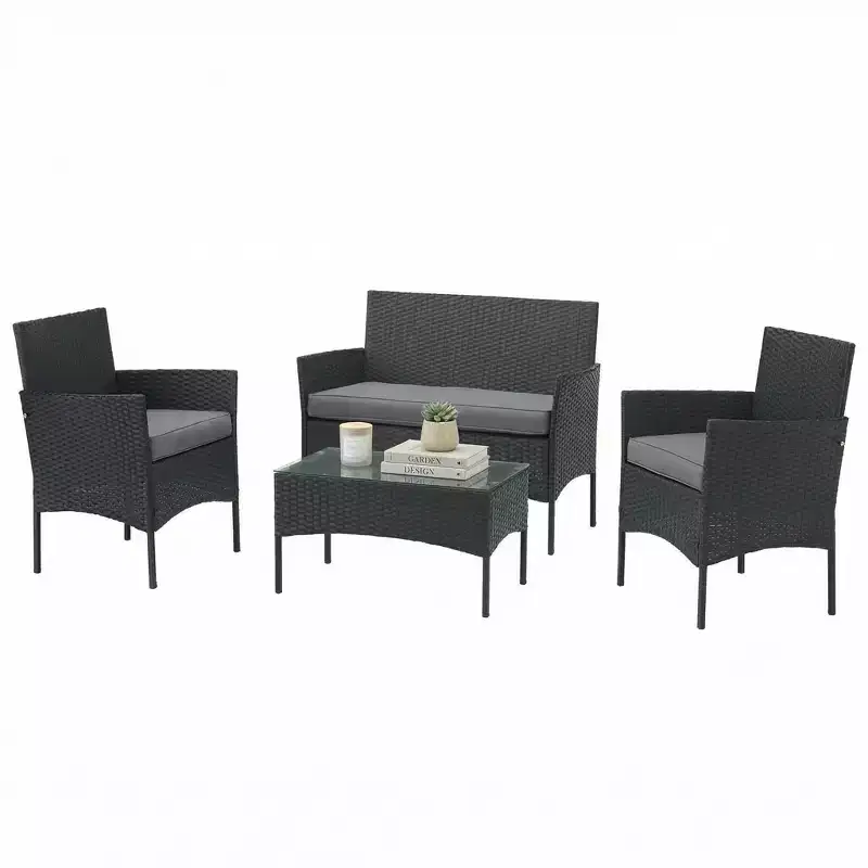 Patio Furniture Set  4-Piece Rattan Outdoor Sofa, 2 Cushioned Chairs, and Table Combo for Deck, Pool, or Porch Furniture by Lavish Home (Gray)