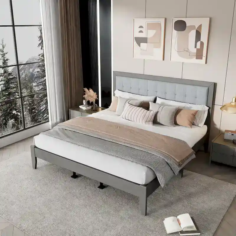 Grey Fabric Square-Tufted Platform Bed – King, Sleeps 2