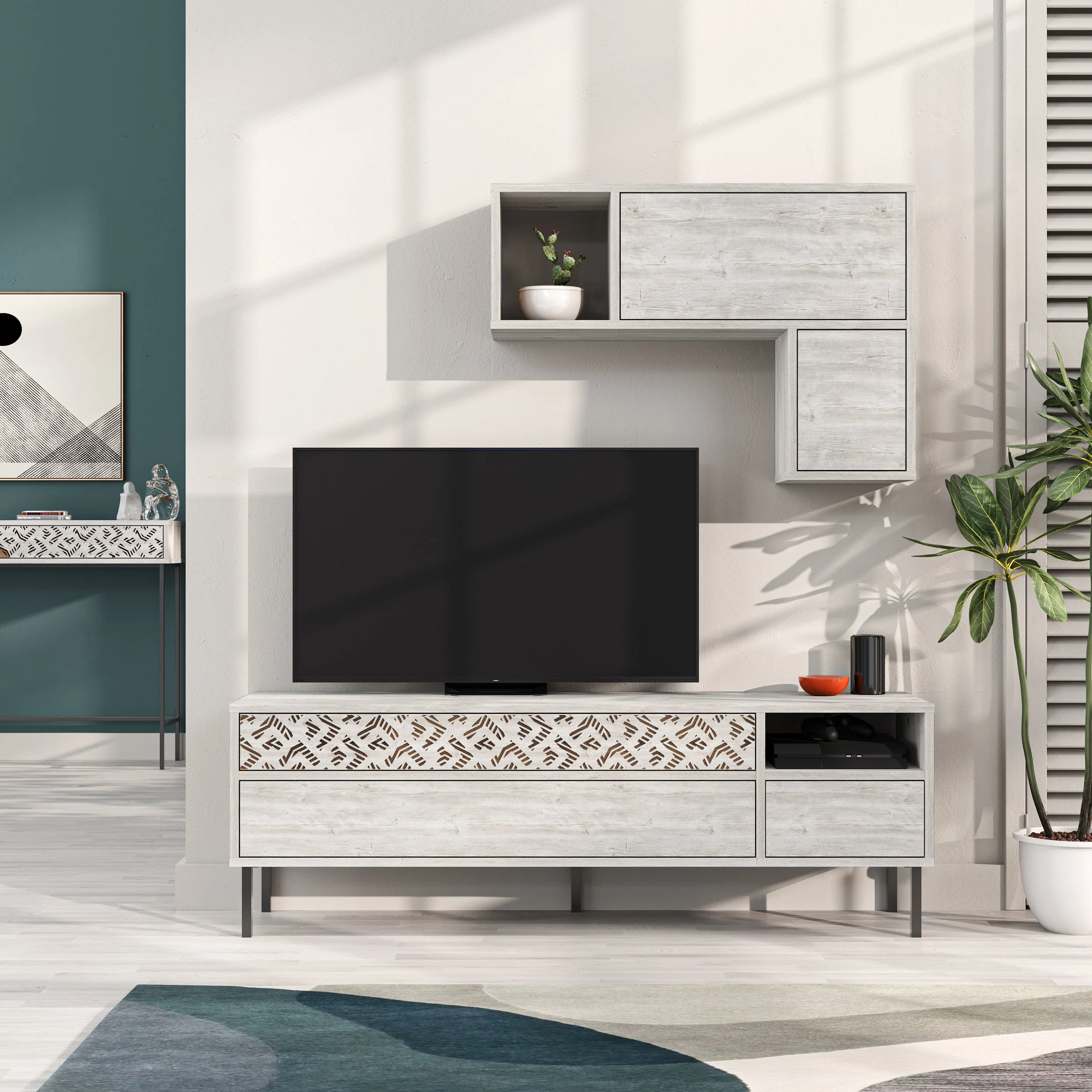 Modern Tv Unit With Storage And Wall Shelf 144.6cm