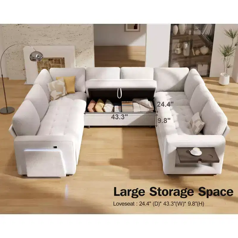 Dyonery 8 Seat U Shaped Modular Sectional Sleeper Sofa with Pull Out Bed/Reclining Backrest/USB Ports/Table/Storage, Tool-Free Assembly