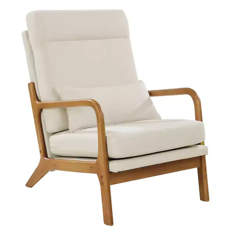 VEVOR Accent Chair, High Back Mid Century Modern Armchair with Solid Wood Frame and Non-Slip Legs, Upholstered Leisure Chair, Beige