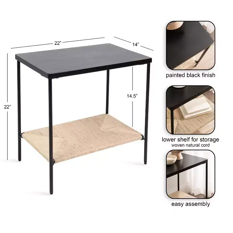 Kate and Laurel Mandell Wood and Natural Woven Side Table, 22x14x22, Natural and Black