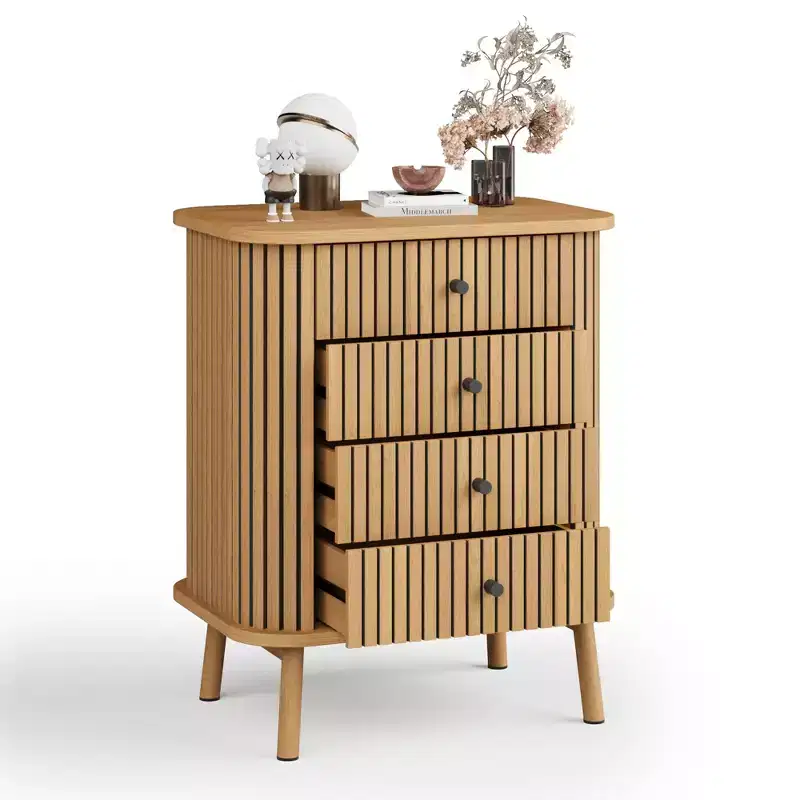 Acekool 4 Drawer Dresser Chest for Bedroom Living Room, Boho Wicker MDF Storage Nightstand with Black Handles Wood Legs, Natural