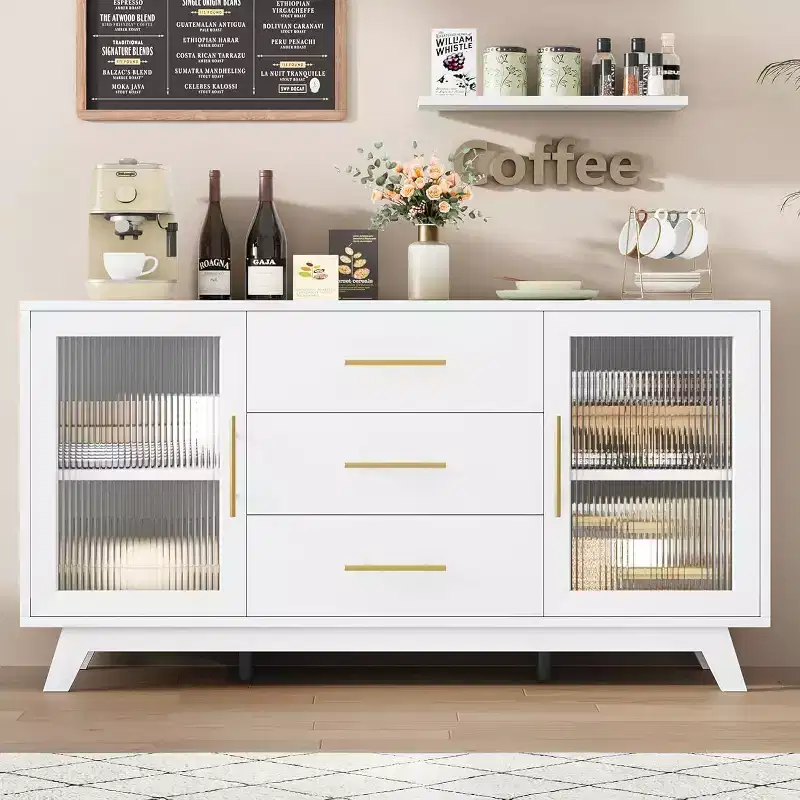 White / Wood Grain 2-Door Fluted Glass Bar Cabinet, Single