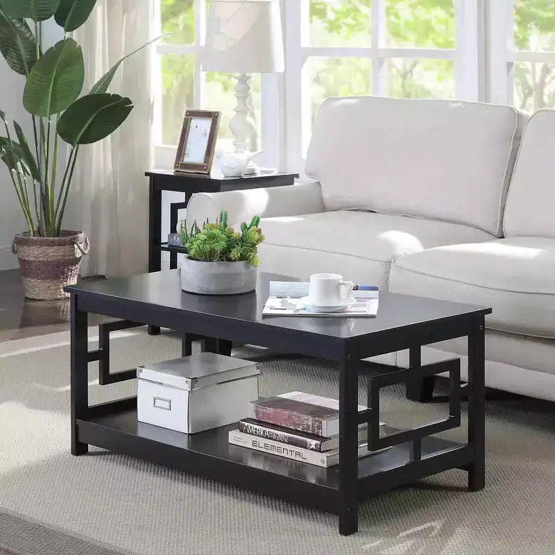 Coffee Table with Shelf, Black, MDF Frame, 4-Leg Base