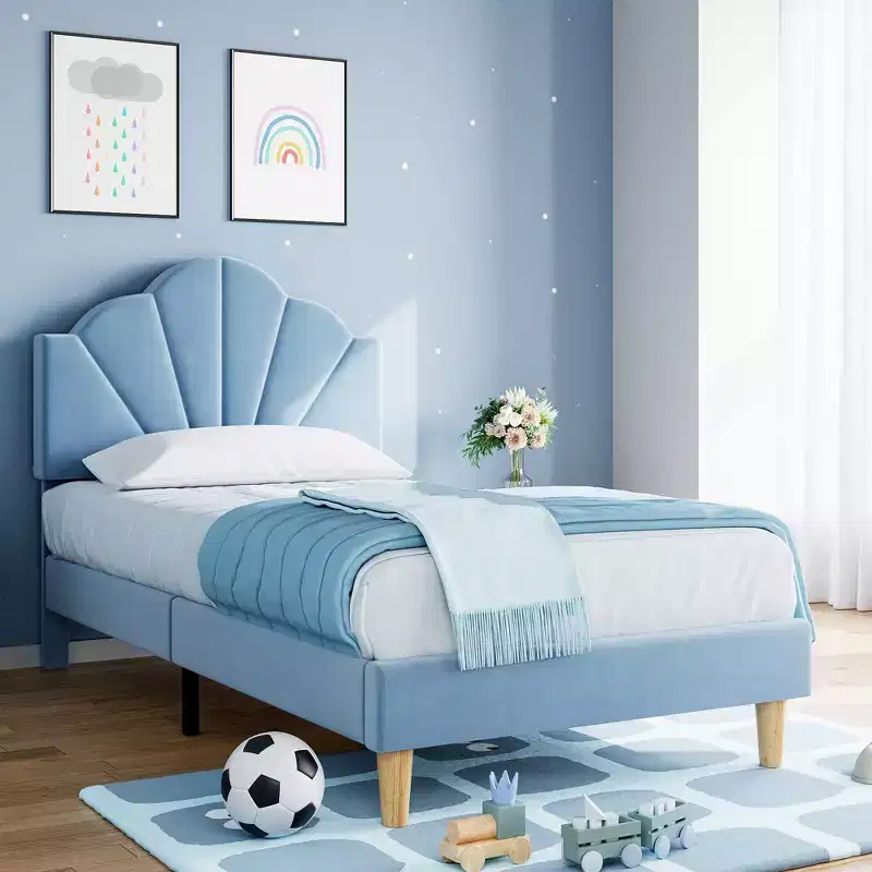 GustoWave Velvet Upholstered Twin Platform Bed Frame, with Height Adjustable Headboard