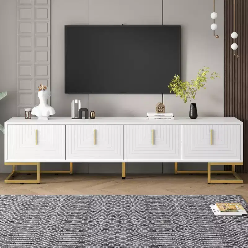 JVNOXKON-70-inch Modern Media Cabinet TV Stand, suitable for TVs under 80 inches, featuring metal legs and handles with storage space, white