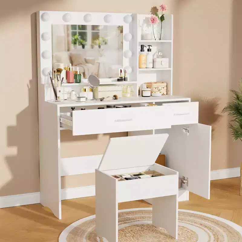 Vanity Desk w/3-Color LED Light, Mirror, Different Size Drawers & Stool, Modern Style Makeup Vanity, for Bedroom, White