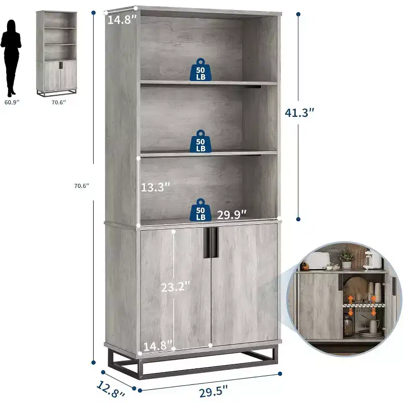 5 Tier Bookcase with Adjustable Shelves and Doors, Tall Bookshelf w/Metal Legs, Rustic Bookcase for Living Room Apartment Office