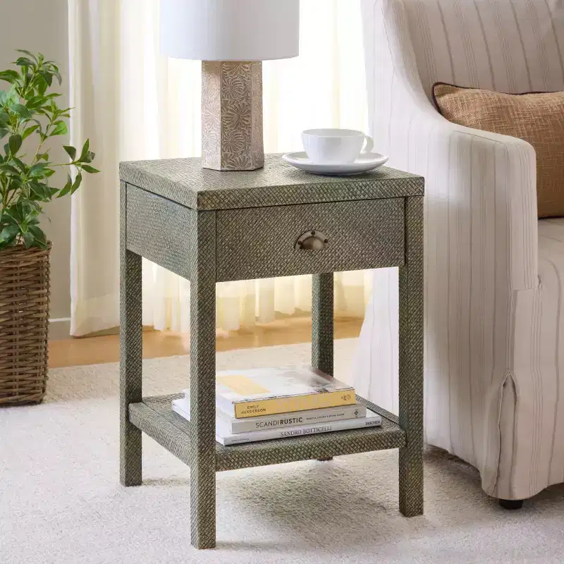 1-Drawer 1-Shelf Water Hyacinth Accent Table, Natural Finish, 16.94 lbs Capacity