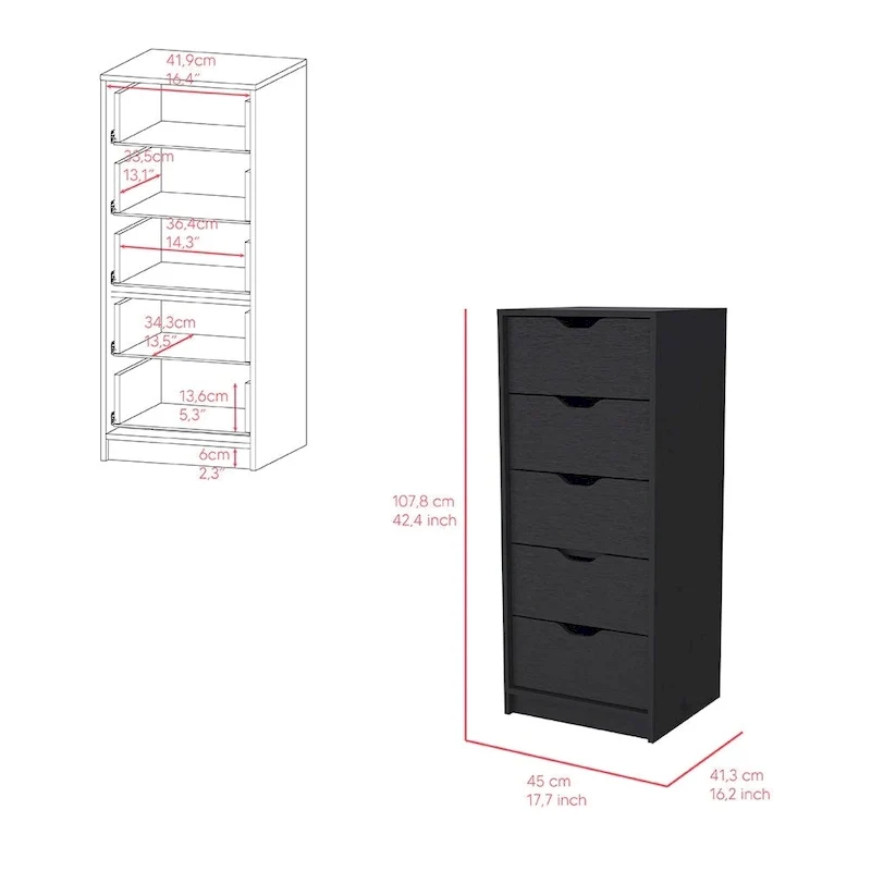 Basilea Narrow Dresser with 5 Drawers, White