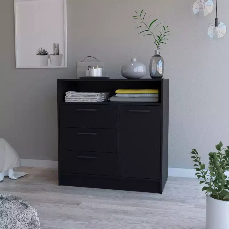 Okak 3-Drawer Dresser with 1 Door-Storage Cabinet&1 Shelf,Spacious Storage Dresser for Bedroom,Matte Black Finish Dresser,Metal Handle