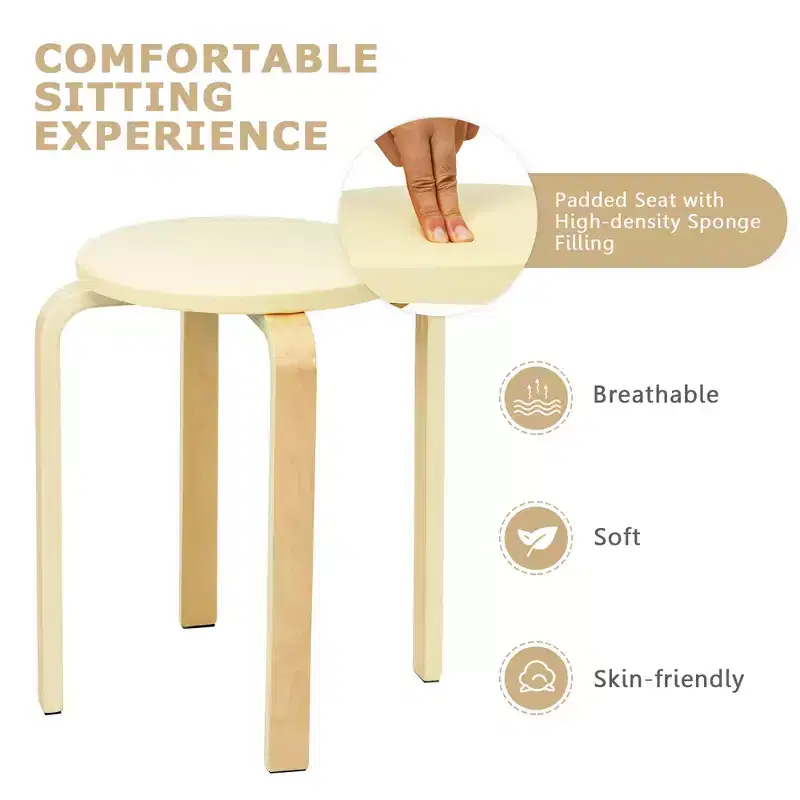 Costway Set of 4 Bentwood Round Stool Stackable Dining Chair w/Padded Seat Beige\Black