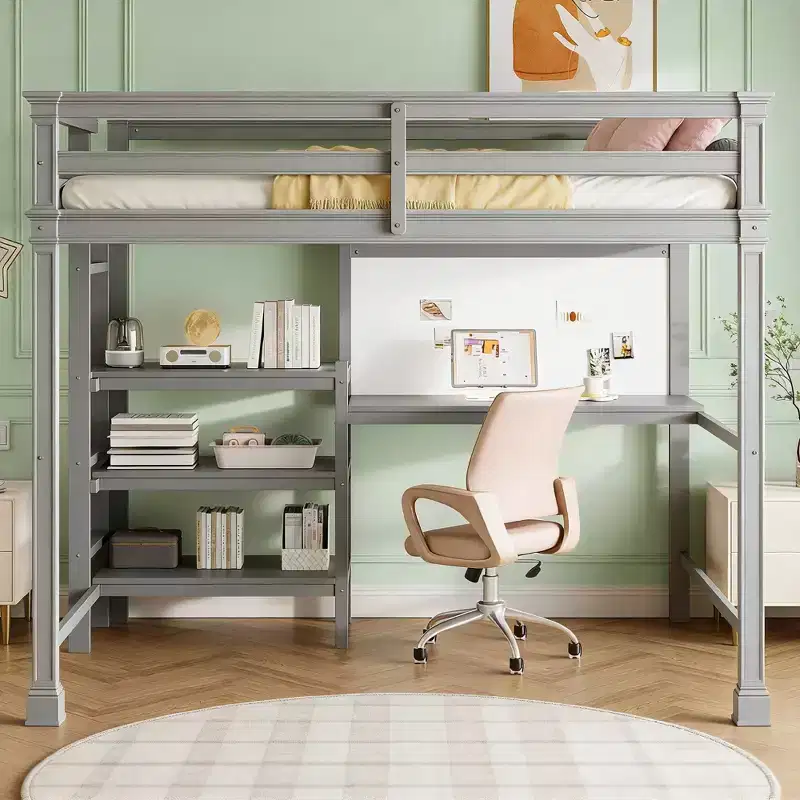 Modern Loft Bed with Bookcase, Desk & Writing Board