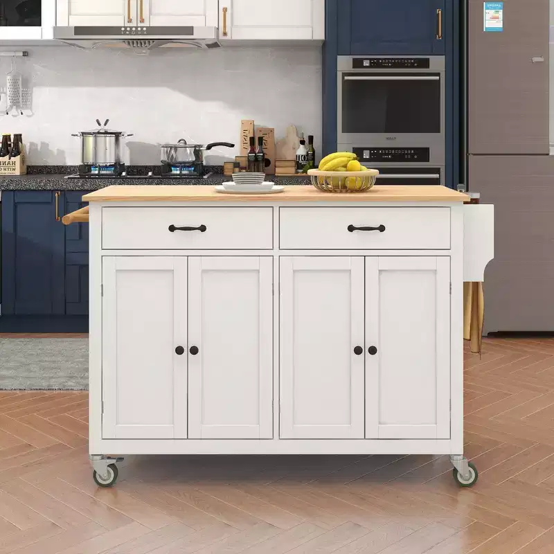 54.3-Inch Kitchen Island Cart with Solid Wood Top, Locking Wheels, 4-Door Cabinet, 2 Drawers, Spice Rack and Towel Rack, White