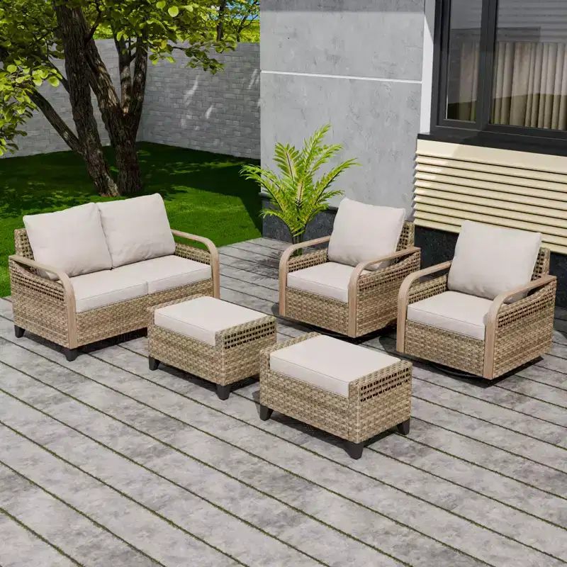 EAGLE PEAK Wicker Outdoor Patio Conversation Set, 2 Swivel Rocking Chairs, 2-Seat Loveseat and 2 Ottomans, 5 Pieces