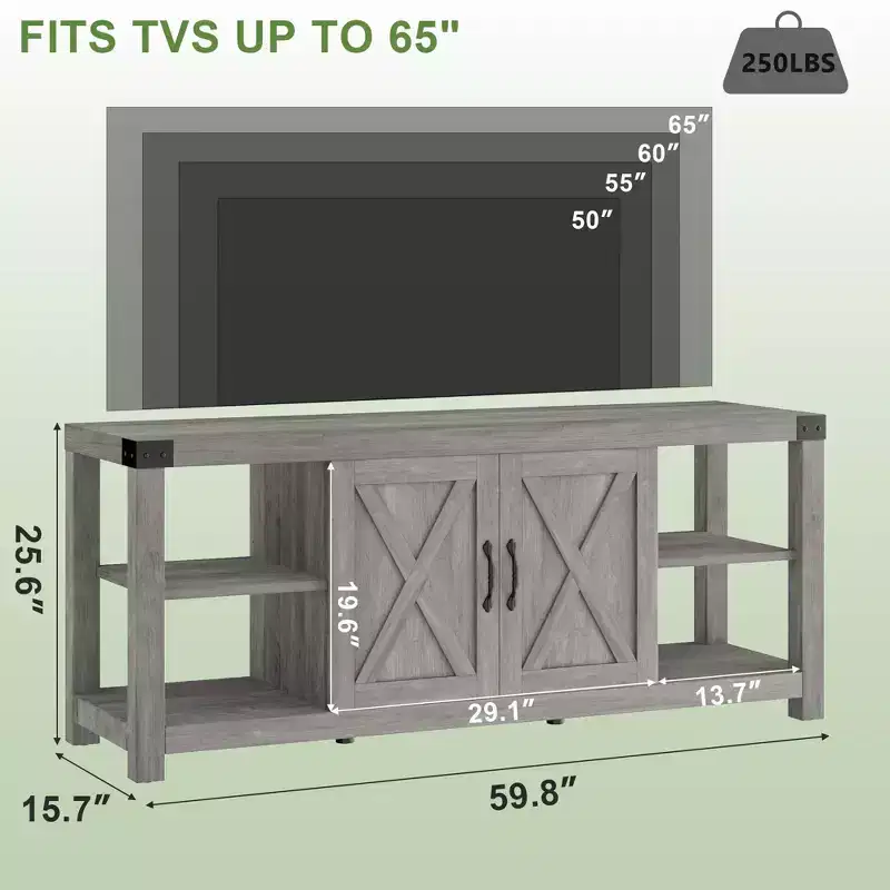 Farmhouse Wooden TV Stand for TVs up to 65 Inches with Adjustable Shelves and 2 Cabinets