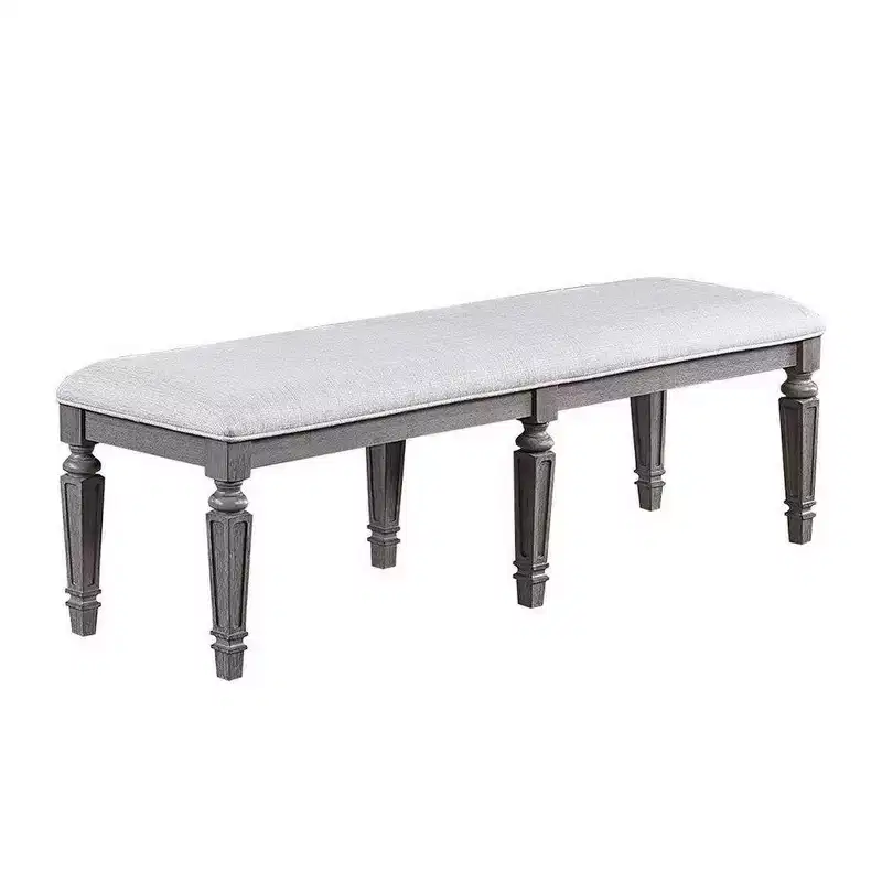Royal Hampton Dining Bench with Turned Legs, 64 Inch Gray Wood and Fabric