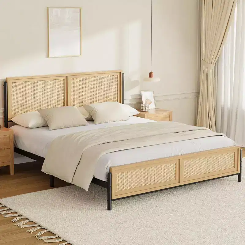 Boho Rattan Bed Frame with Headboard & Footboard  No Box Spring Needed, Natural Finish