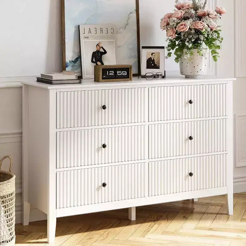 Heynemo Morden Vertical Stripes 6-Drawer Double Dresser, Painted Chest of Drawers, Wooden Storage Cabinet for Bedroom Living Room Sideboard