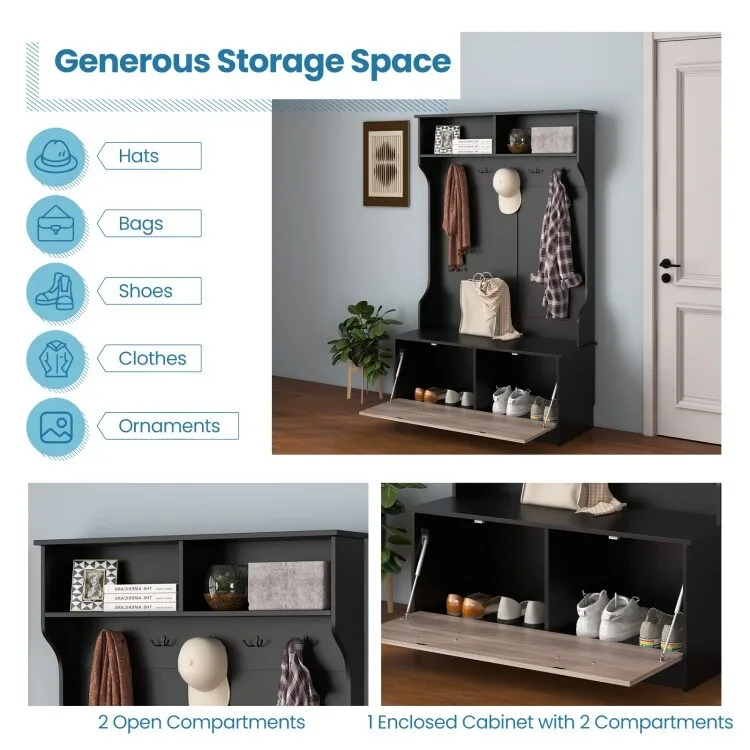 3 in 1 Coat Rack with Entryway Bench and Hooks and Enclosed Cabinet - 39.5 x 16 x 63