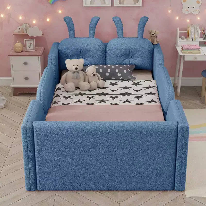 Okak Modern Twin Size Upholstered Floor Beds with Bunny Cushion & Removable Side Rails,Wooden Platform Bed for Kids Room,Bedroom