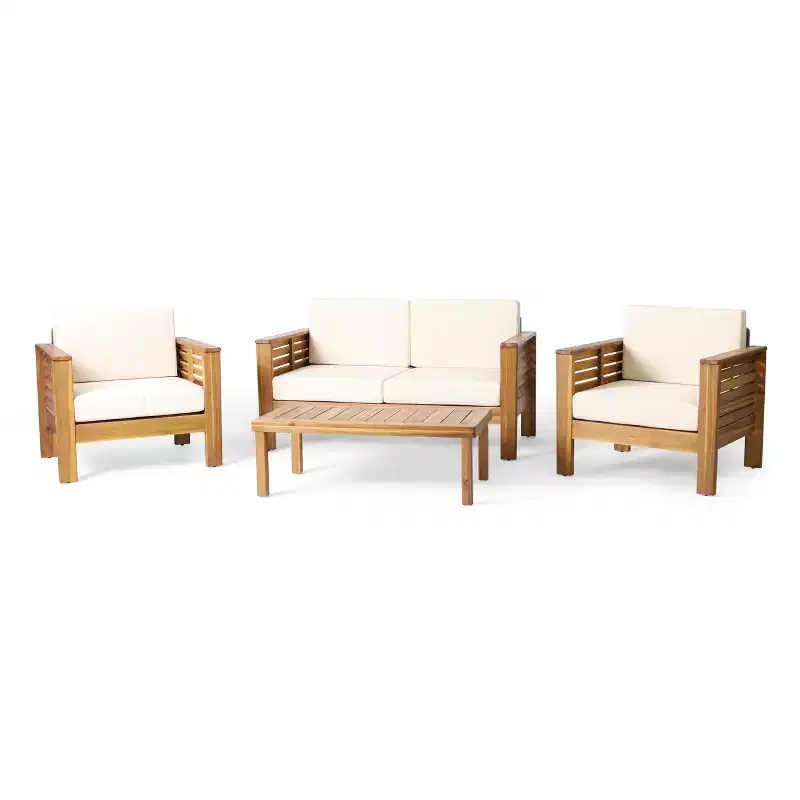 Christopher Knight Home Rabun Outdoor Acacia Wood 4 Seater Chat Set with Cushions
