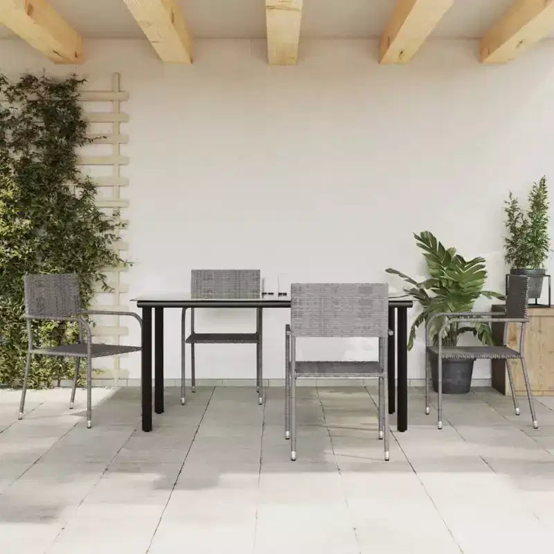 vidaXL Patio Dining Set Table and Chair Gray and Black Poly Rattan and Steel - 63 Table Length 4 Chairs