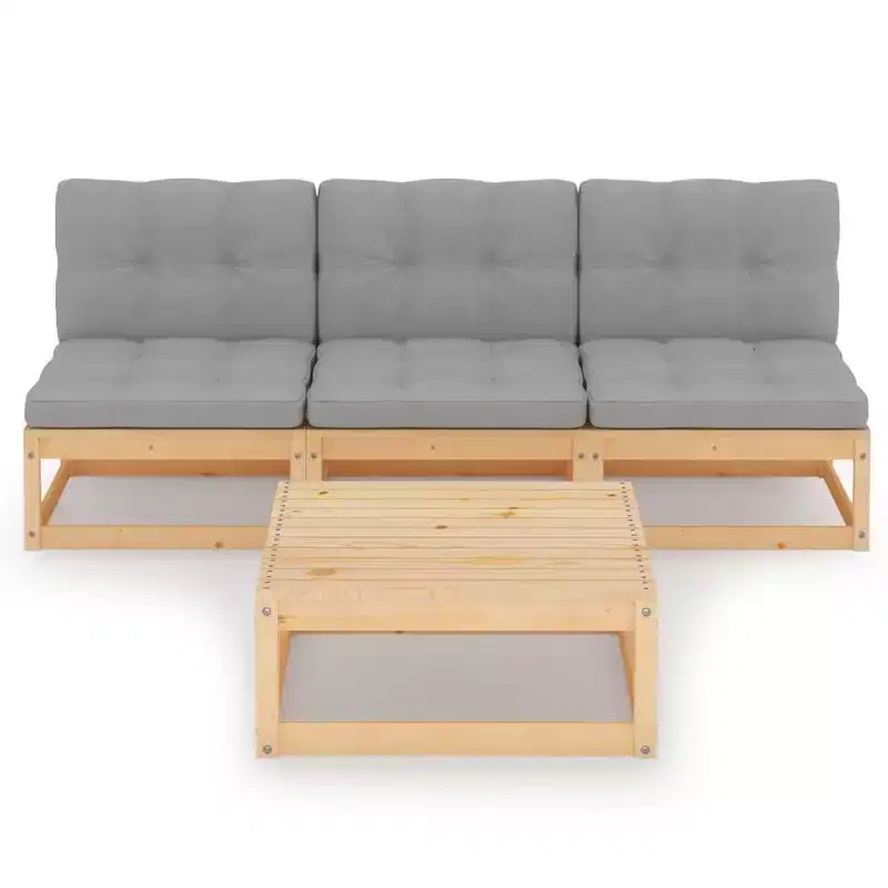 vidaXL Patio Furniture Set 4 Piece Outdoor Sectional Sofa Solid Wood Pine - Natural With Cushions