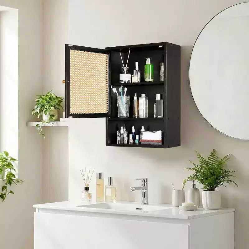 Wall-Mount Bamboo Over-Toilet Cabinet with Rattan Doors & Adjustable Shelf – 15.75
