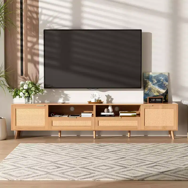 Rattan TV Stand for TVs up to 90, Boho Farmhouse Media Console Table with Storage Cabinets, Entertainment Center for Living Room-Panipeachy