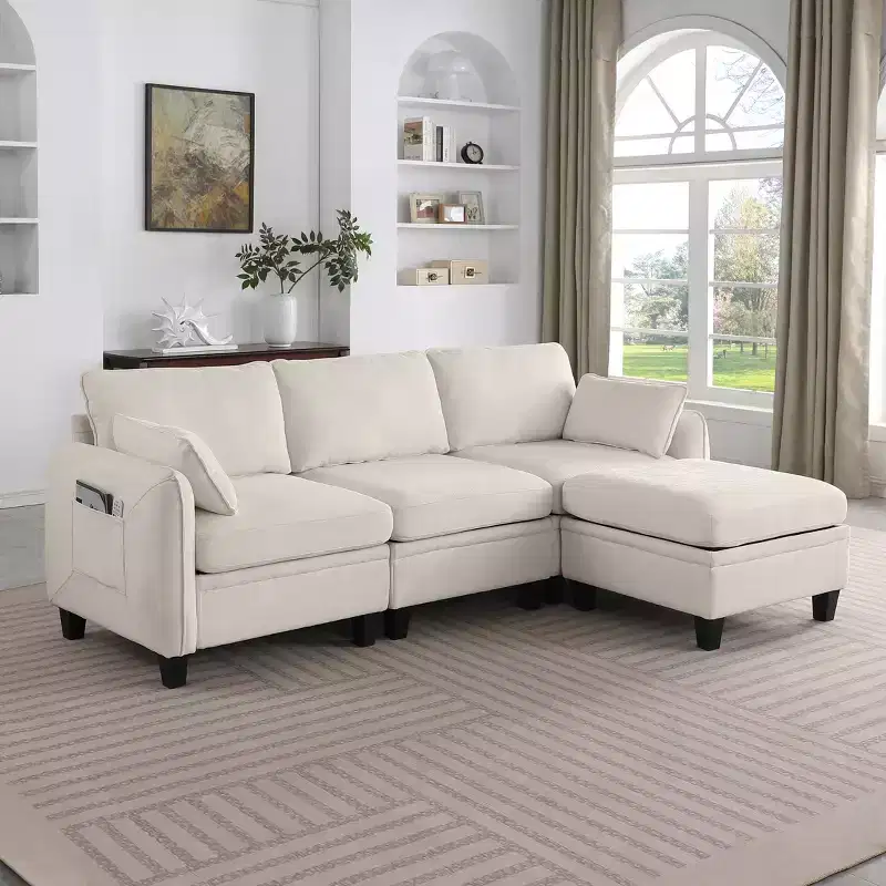 GDFStudio Lancelot 85 Inch Contemporary Chenille Upholstered L-Shaped Sectional Sofa with Storage Ottoman