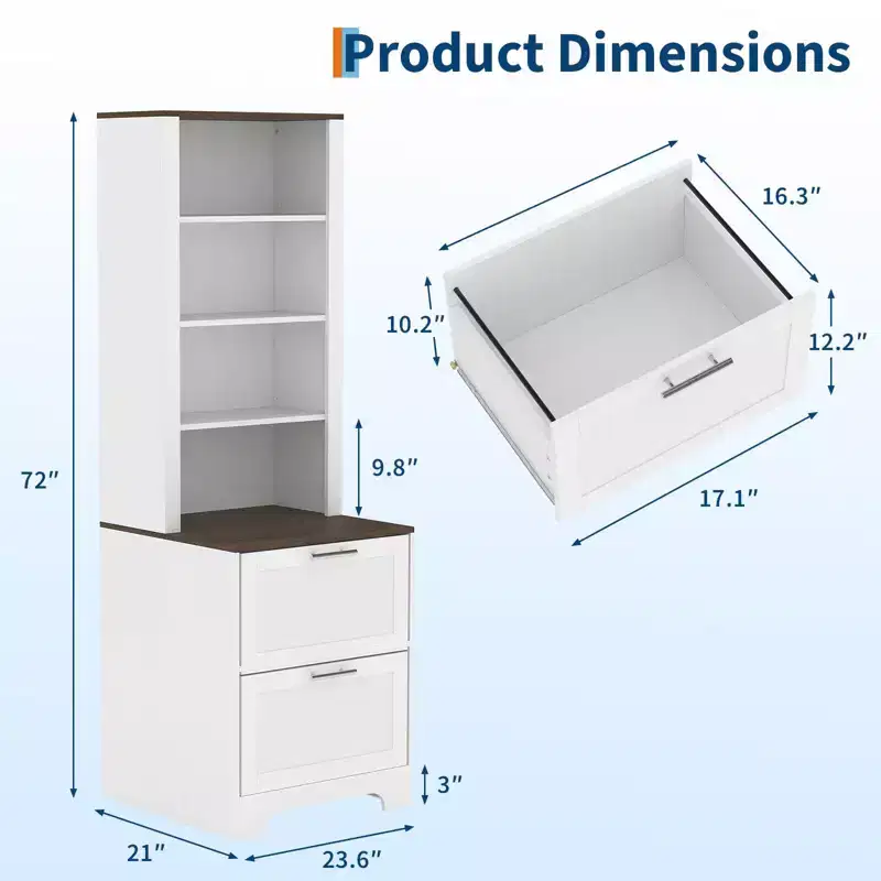 72 Tall Bookcase with 2 File Drawers, 4 Tier Wood Bookshelf with Adjustable Shelves, Freestanding Display Storage Cabinet for Office Living Room
