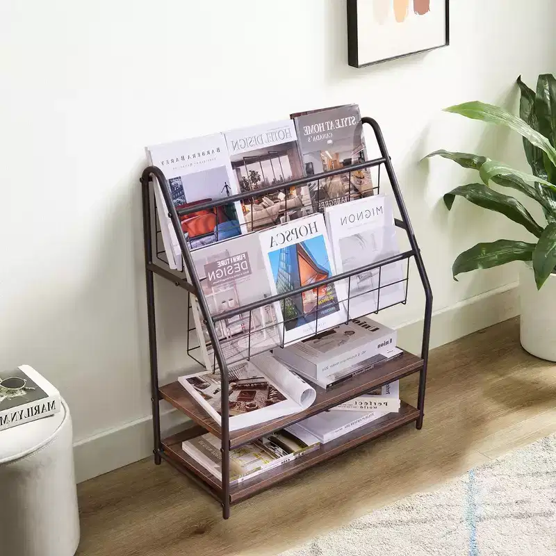 2-Tier Metal Frame Freestanding Bookshelf & Magazine Rack for Small Spaces