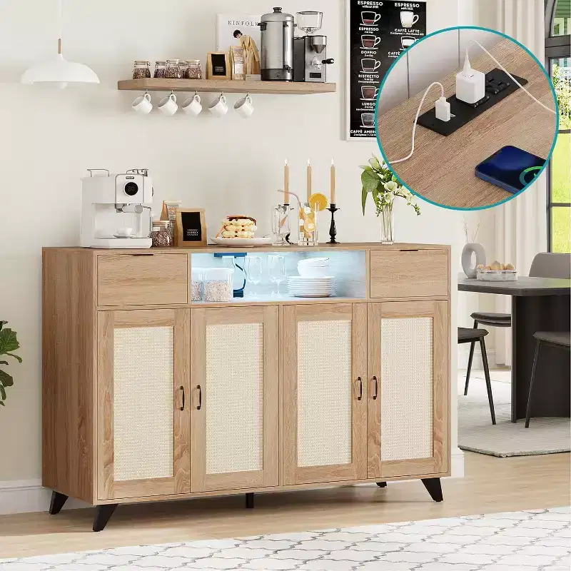 Rattan Sideboard Buffet Cabinet with 2 Drawers Storage, Boho Wooden Sideboard With Charging Station and LED Lights, for Living Room