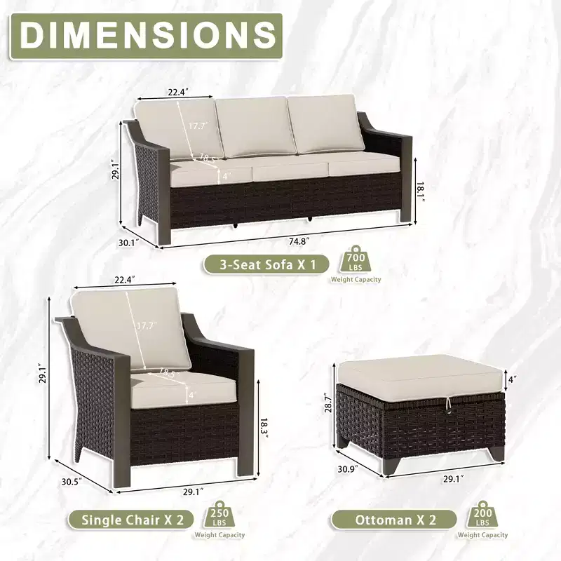 UPTIOT Outdoor Patio Set with 3-Seat Sofa, 2 Rocking Chairs, and 2 Ottomans