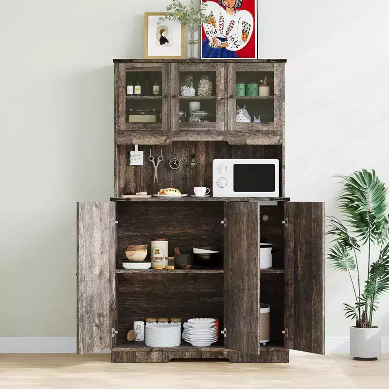 CuisinSmart 71'' Pantry Cabinet with Charging Station, Farmhouse Kitchen Hutch Storage Cabinet with Open Countertop for Living Room Dining Room,Brown