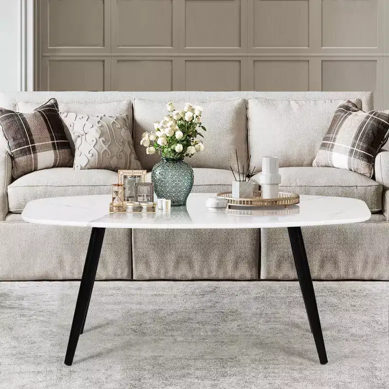FurnitureR Modern Coffee Table 43.3 Inches Rectangular Simple Style Center Table, Minimalist Wooden Cocktail Table for Living Room (Marble)