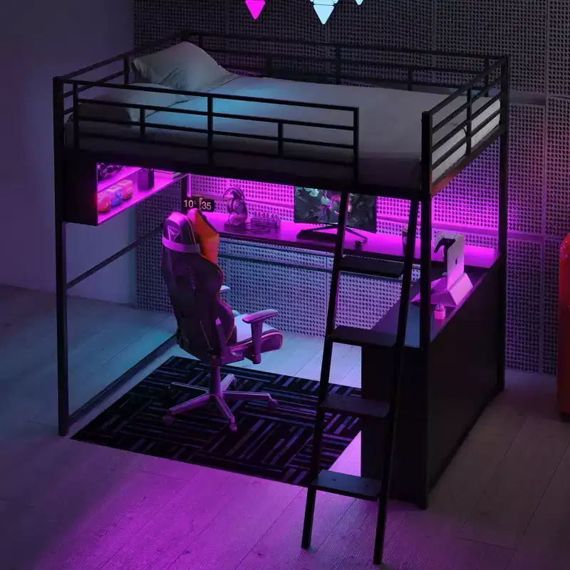 Metal Full Size Loft Bed with LED, Desk and 4 Storage Shelves