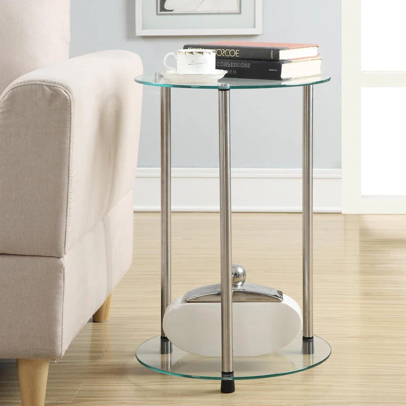 2-Tier Round End Table with Tempered Glass Shelves