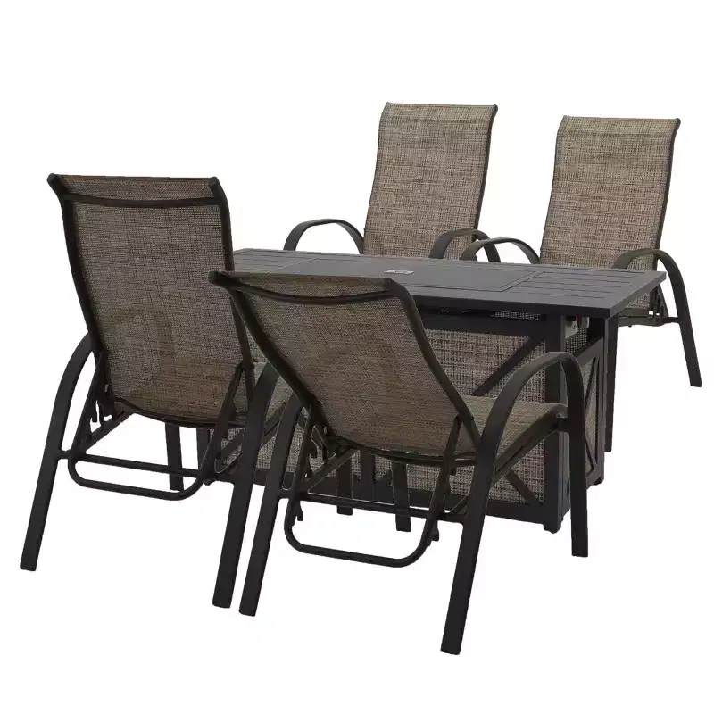 Courtyard Casual Santa Fe 5 pc Rectangle Fire Pit Set with Sling Reclining Chairs Includes One Rectangle Fire Pit and Four Sling Reclining Chairs