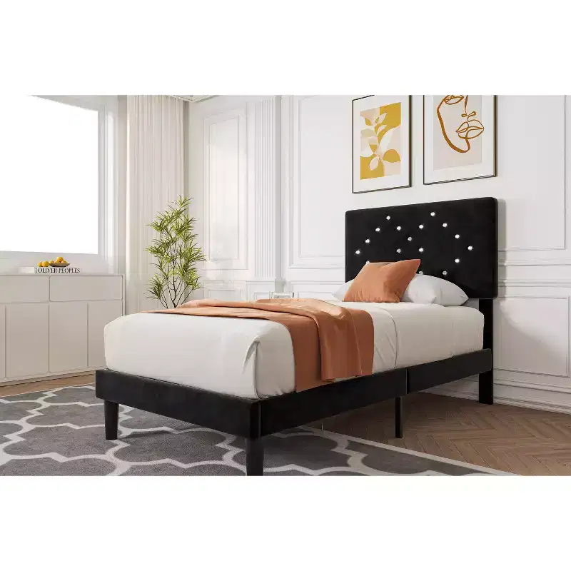 Bed Frames with Button Tufted Headboard, 2 Storage Drawers, Wooden Slat Support, No Box Spring Required, Easy Assembly