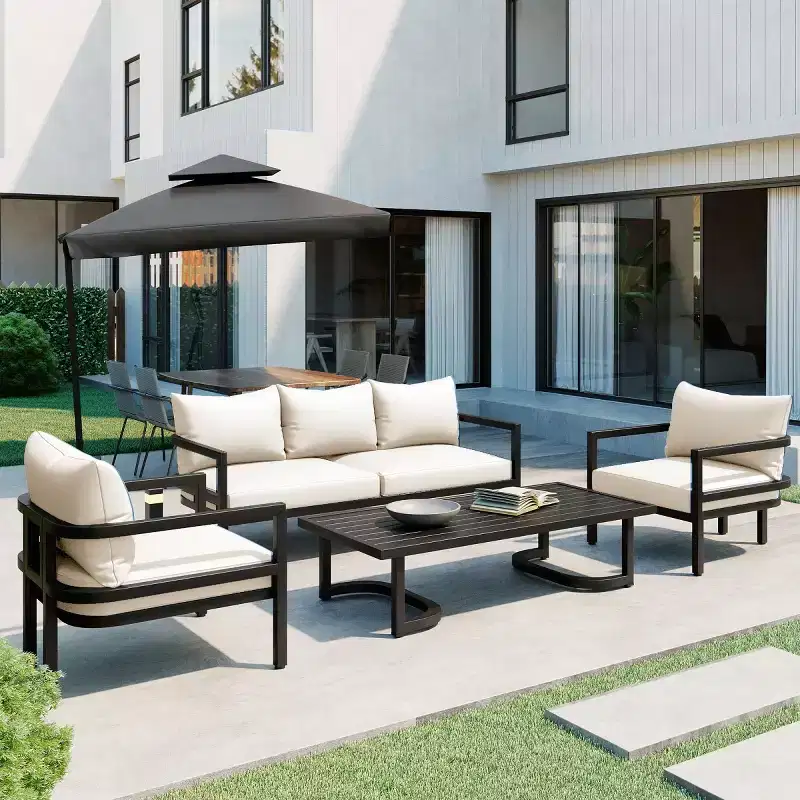 4-Piece Outdoor Steel Sofa Set with Coffee Table, Waterproof Cushions, Rust-Resistant Patio Seating for Backyard, Garden & Lawn-Panipeachy