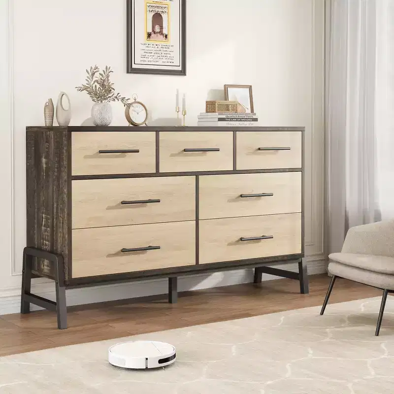 CuisinSmart 52 Wide 7-Drawer Dresser for Bedroom - Natural Oak Storage Chest, Freestanding Closet Organizer for Living Room, Entryway