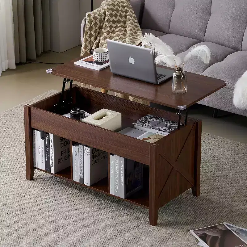 Farmhouse Lift Top Coffee Table with Storage Shelf & Hidden Compartment, Rustic Brown