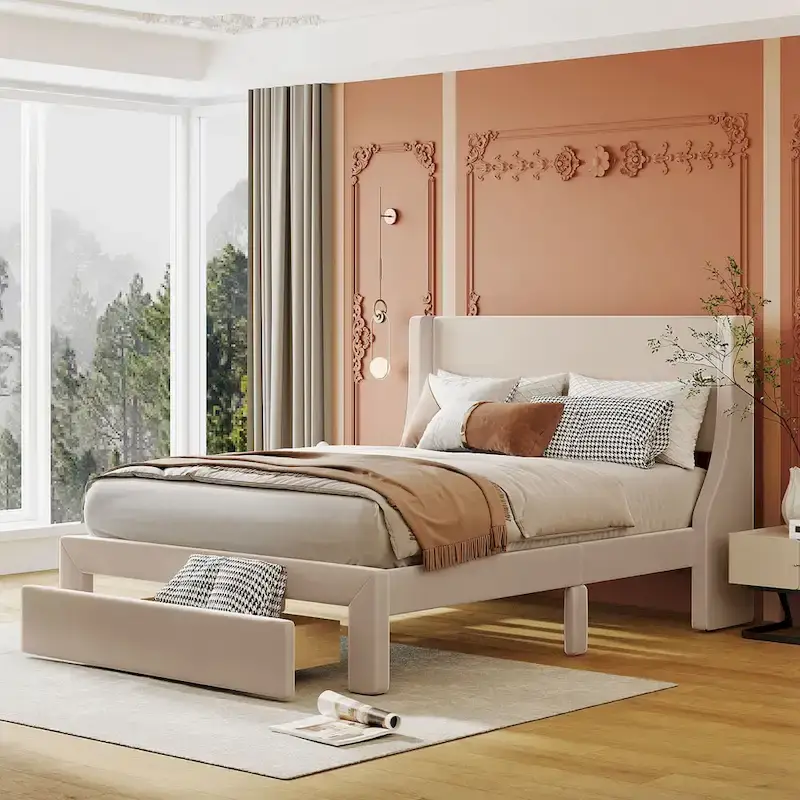 Blue / Pink / Beige / Grey Velvet Full Size Platform Bed with Upholstered Headboard and 1 Storage Drawer for 2 Person