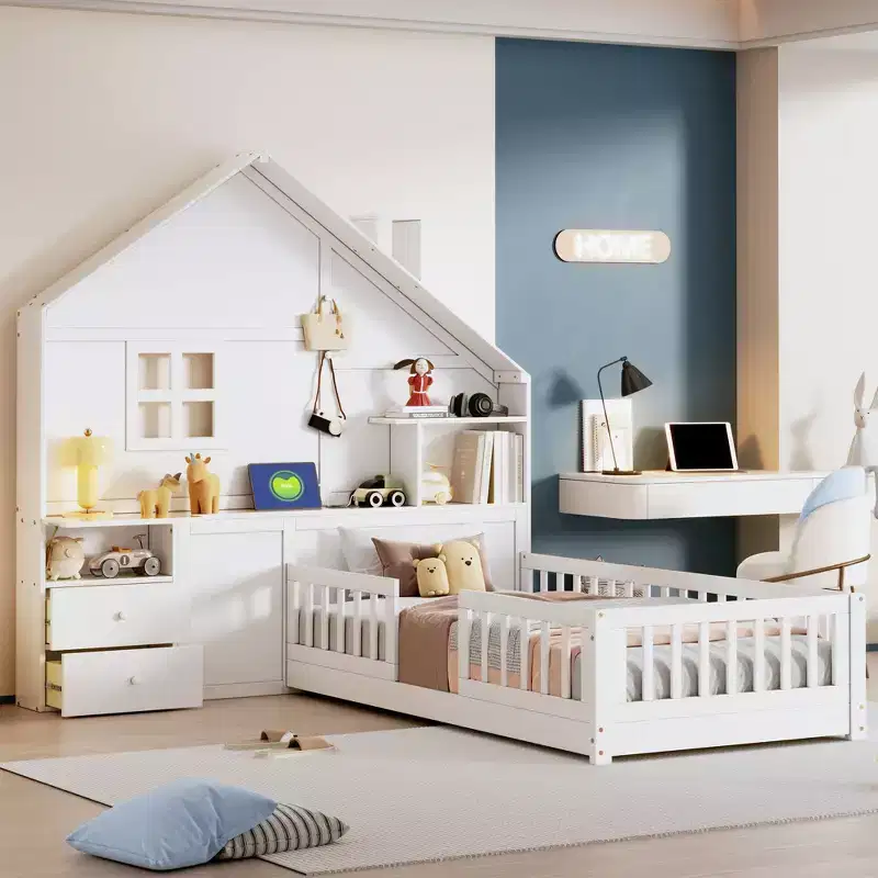Twin/Full House Bed with Storage Shelves for Kids, Wood Platform Bed with USB Port Sockets Window and Drawers