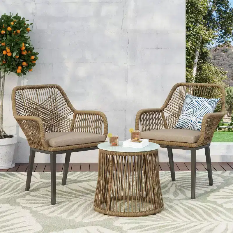 Russel 3pc Outdoor Wicker 2 Seater Chat Set: Flared Design, Glass Tabletop - Christopher Knight Home
